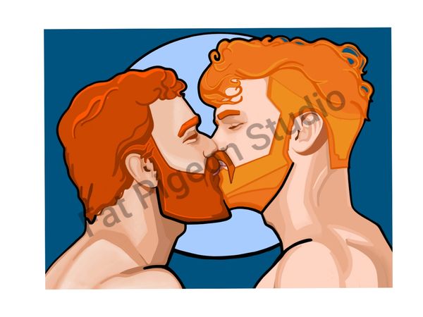 Illustration of two red-haired men kissing.