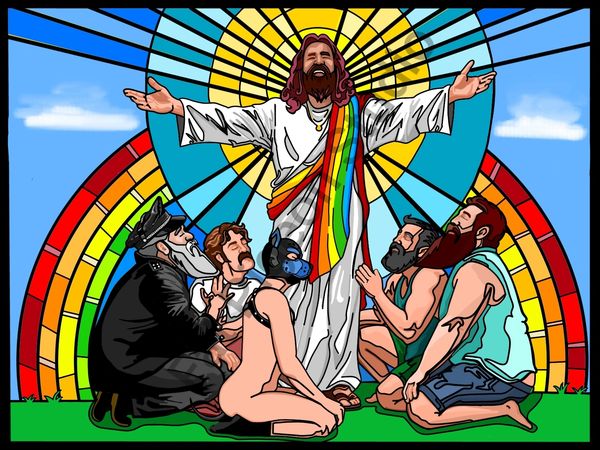 Illustration of Jesus with rainbow robe surrounded by diverse followers.
