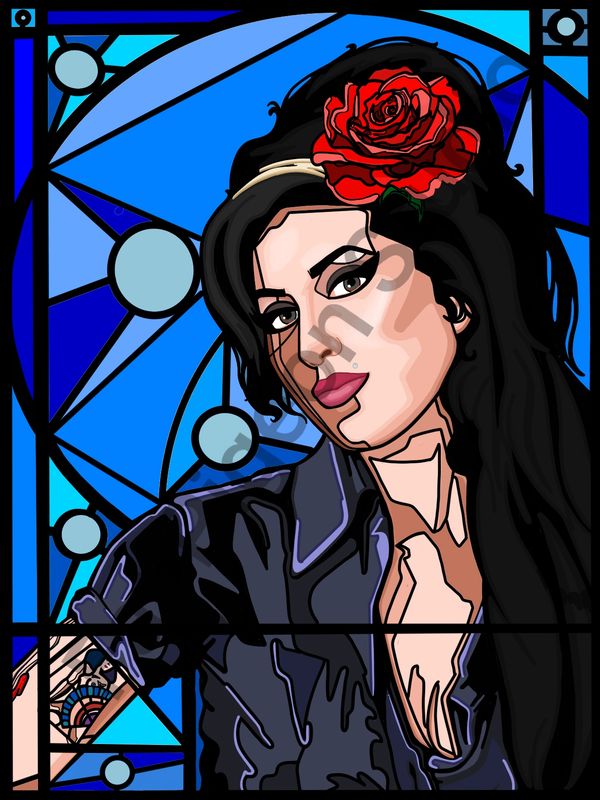 Stained glass portrait of a woman with a red rose in her hair.