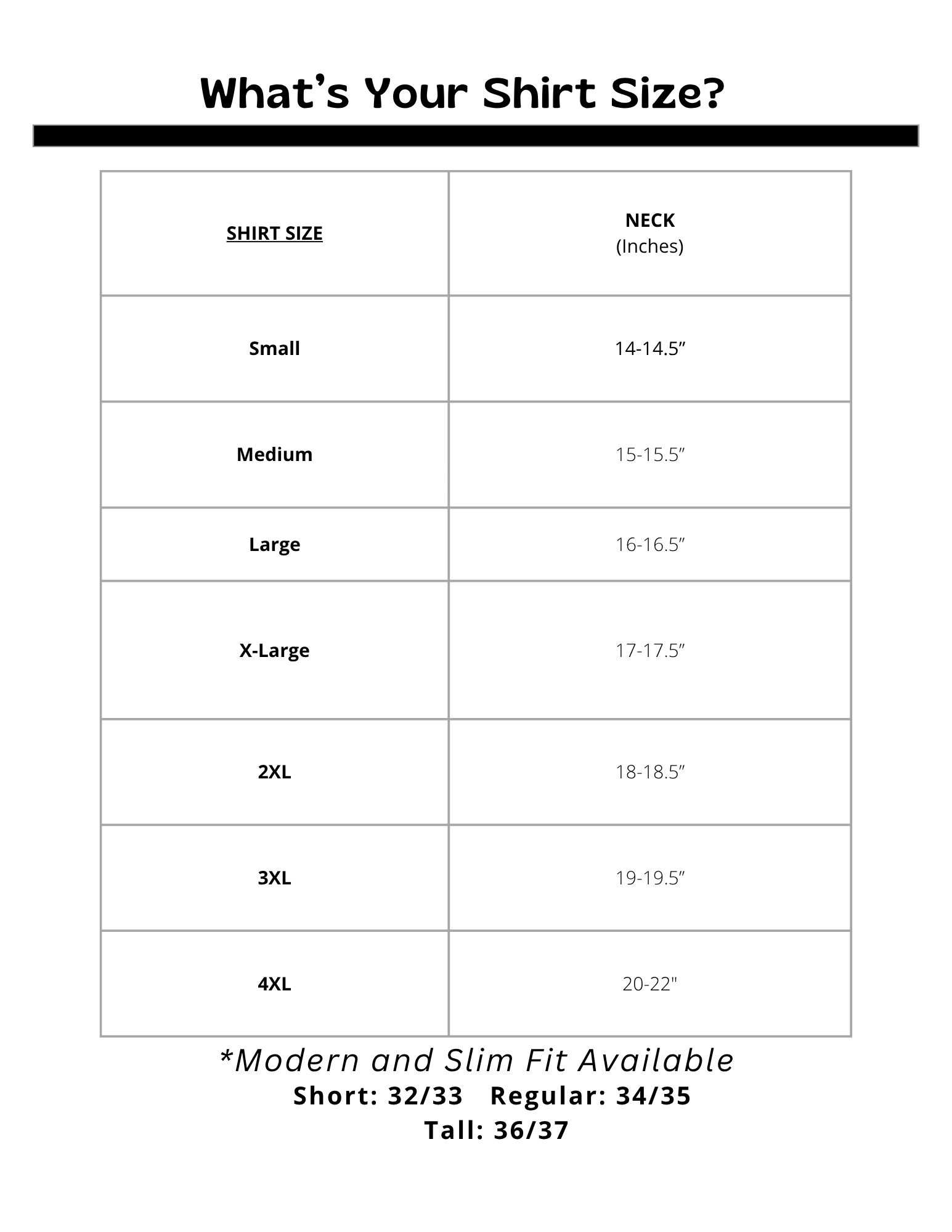 Shirt size chart based on neck measurements in inches from Small to 4XL.