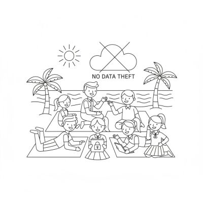 Children enjoying a secure digital environment on the beach with no data theft.