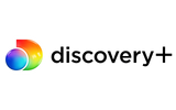 Discovery+ logo with colorful globe and bold black text.