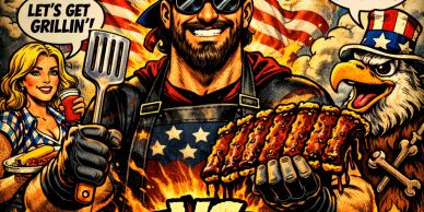 Patriotic BBQ scene with man, eagle, and woman.