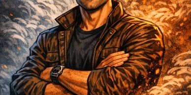 Close-up of a confident man with folded arms and a watch.