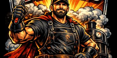 Strong blacksmith cartoon with steam engine background.