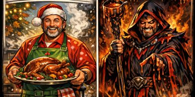 Festive Santa cooking and dark wizard casting a spell.