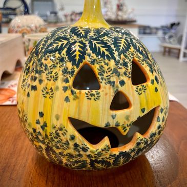 Yellow with green leaves ceramic pumpkin luminary