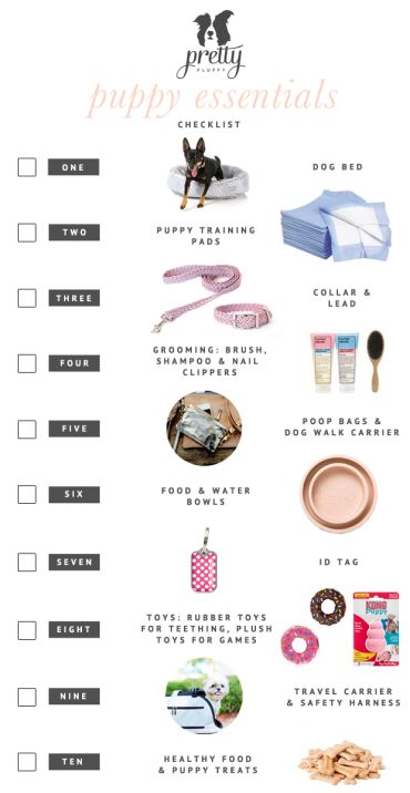 Checklist of essential items for a new puppy, including bed, training pads, grooming tools, and more.