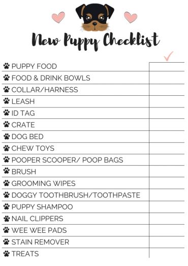 Checklist for essential new puppy supplies with cute dog illustration and checkboxes.