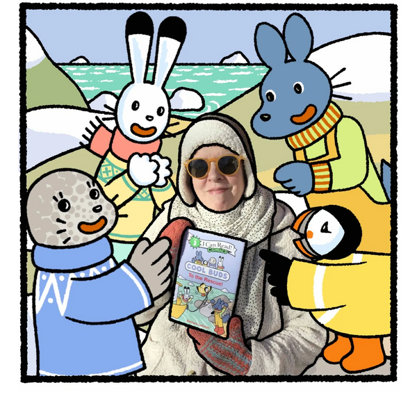 A photo of Barbara Lehman surrounded by book characters in a snowy setting