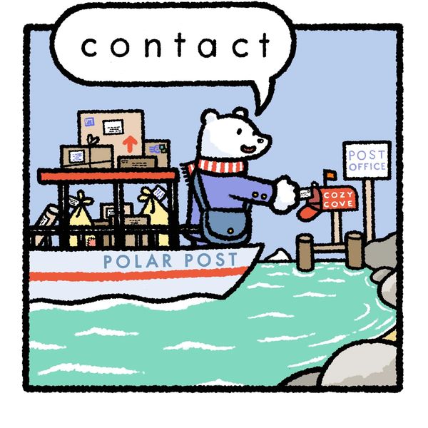 A polar bear delivering mail to a mailbox.