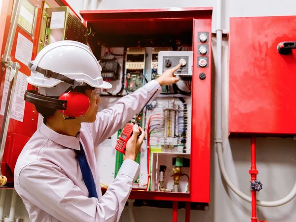Technician adjusting controls on a fire alarm panel wearing safety gear.