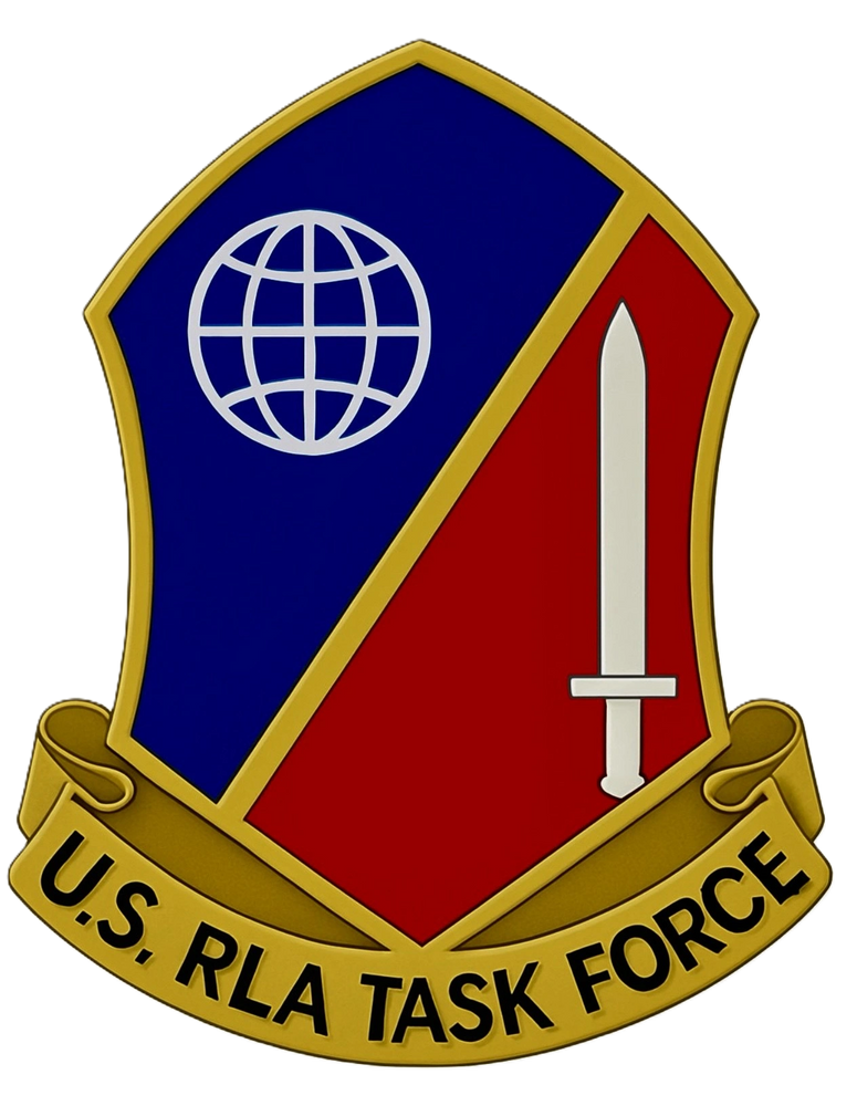 Insignia of the U.S. RLA Task Force with globe and sword symbols.