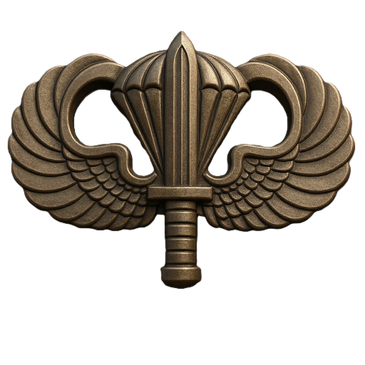 Bronze military badge with parachute, wings, and sword design.