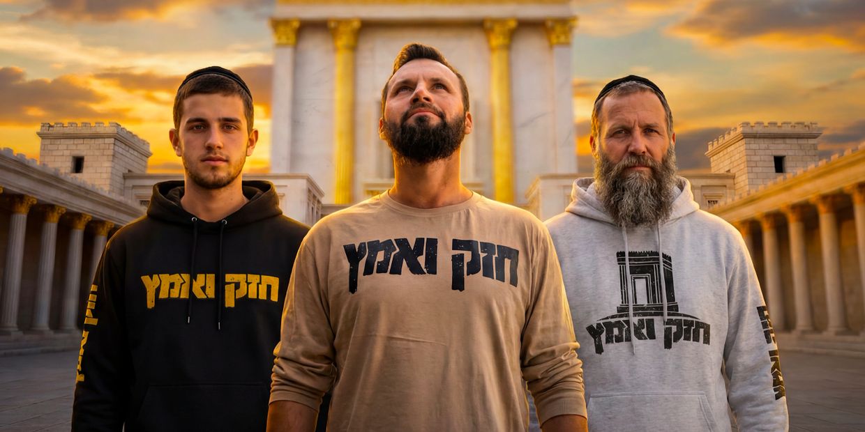 Three men in traditional attire stand confidently before a grand temple at sunset.