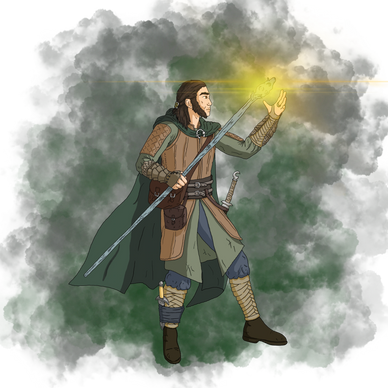 TTRPG character art commissions at Scribes Guild. A druid with his staff - casting a light spell. 