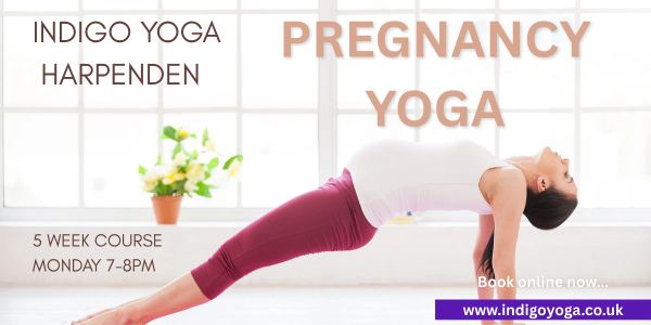 Pregnant woman in yoga pose promoting pregnancy yoga classes.