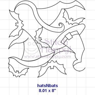 Outline drawing of witch hats and bats.