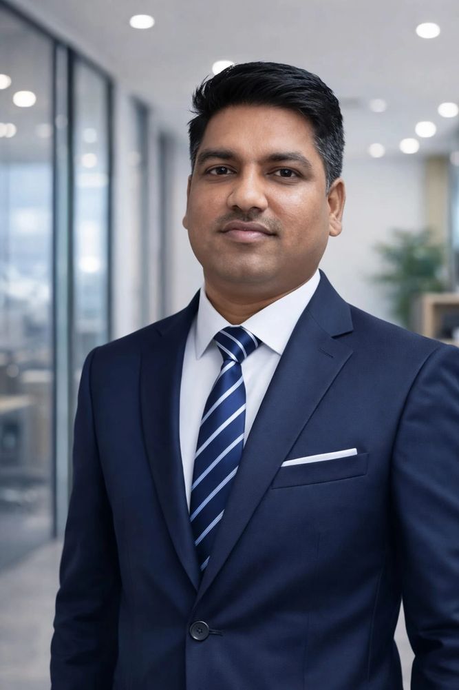 Confident businessman in navy suit and striped tie in office.