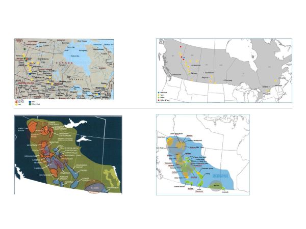 Four maps showing regional and geological data of Alberta and surrounding regions.
