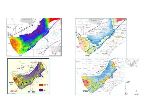 Four colorful geological or hydrological maps showing data distributions.