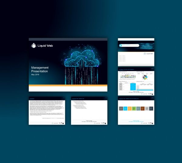 Liquid Web management presentation slides with cloud data theme.