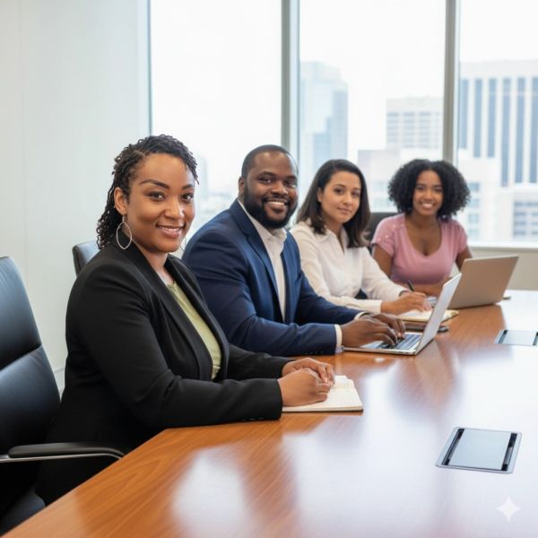 Four professionals smiling at a conference table.