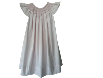 White dress with pink embroidery and flutter sleeves.