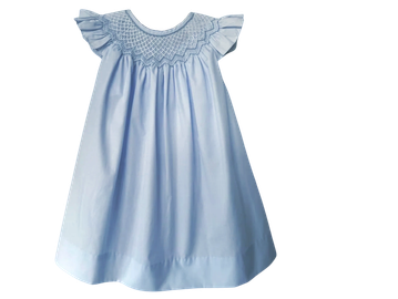 Light blue smocked baby dress with ruffled sleeves.
