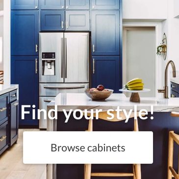 cabinets.com homepage, featuring the bromley house, navy kitchen