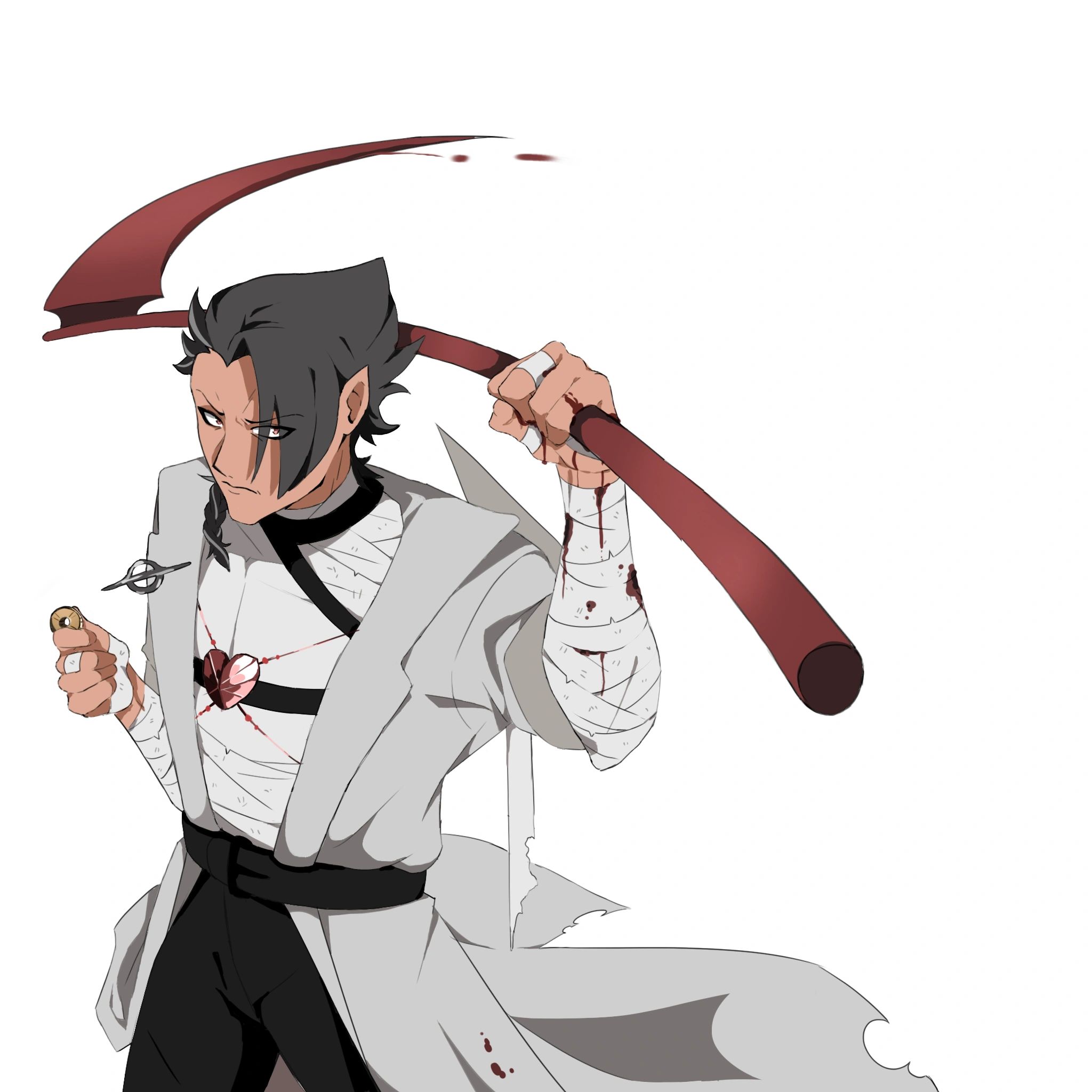 Anime character with scythe and bloodied bandages.