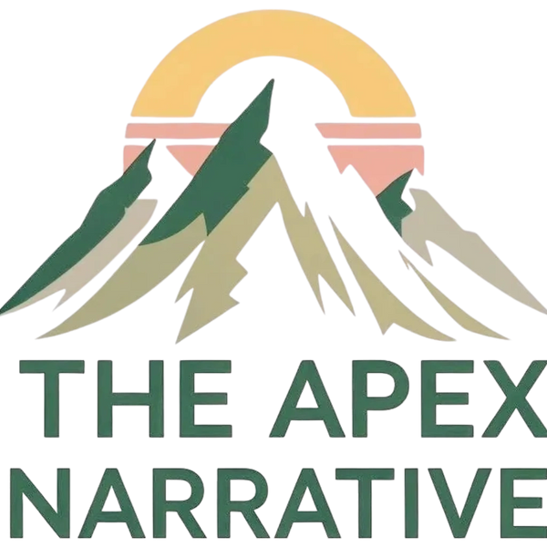 Logo with stylized mountains and sunset above "THE APEX NARRATIVE" text.