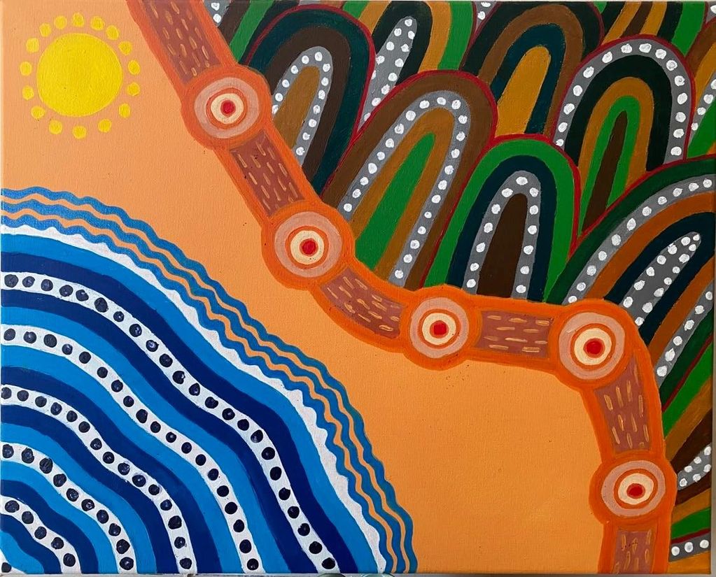 Painting depicting mountains, ocean, sun, and highway. 