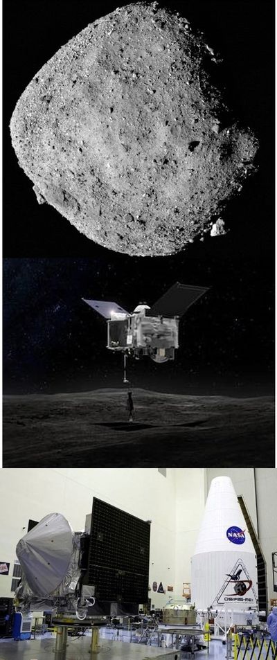 Bennu from OSIRIS-REx spacecraft (3). The OSIRIS-REx spacecraft rendering and during assembly (3)