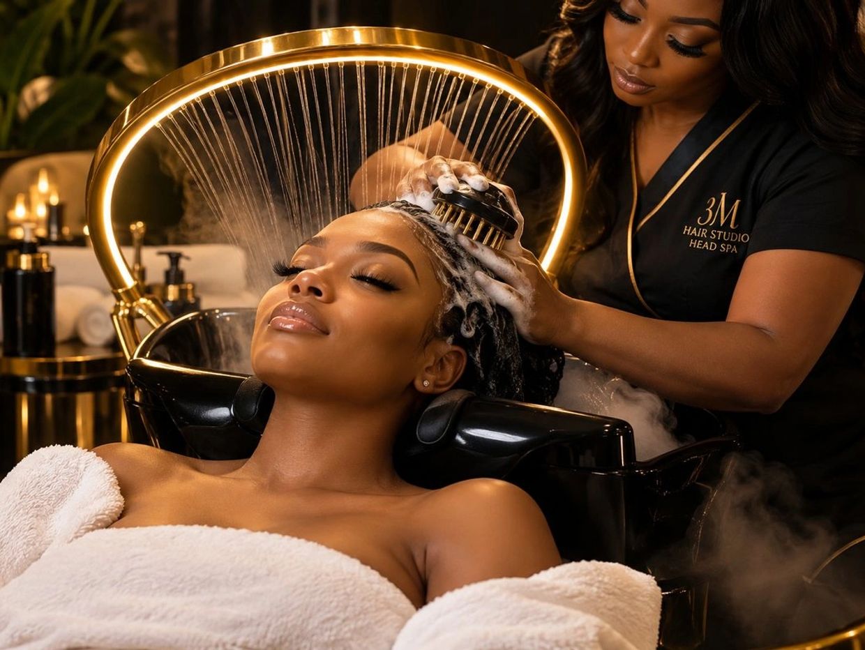 Woman relaxing while getting her hair washed at a spa.
