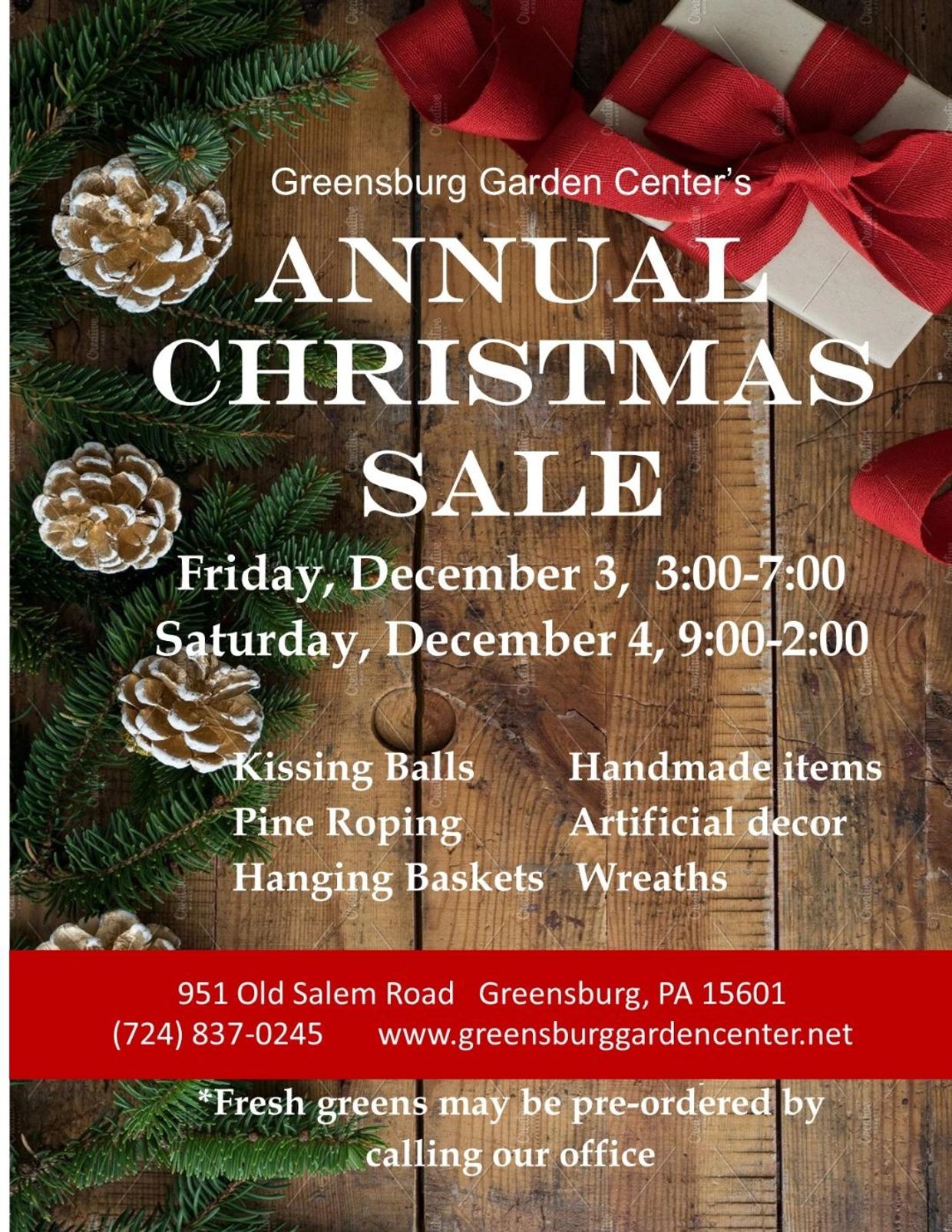 Greensburg Garden Center's Annual Christmas Sale with holiday decor and handmade items.