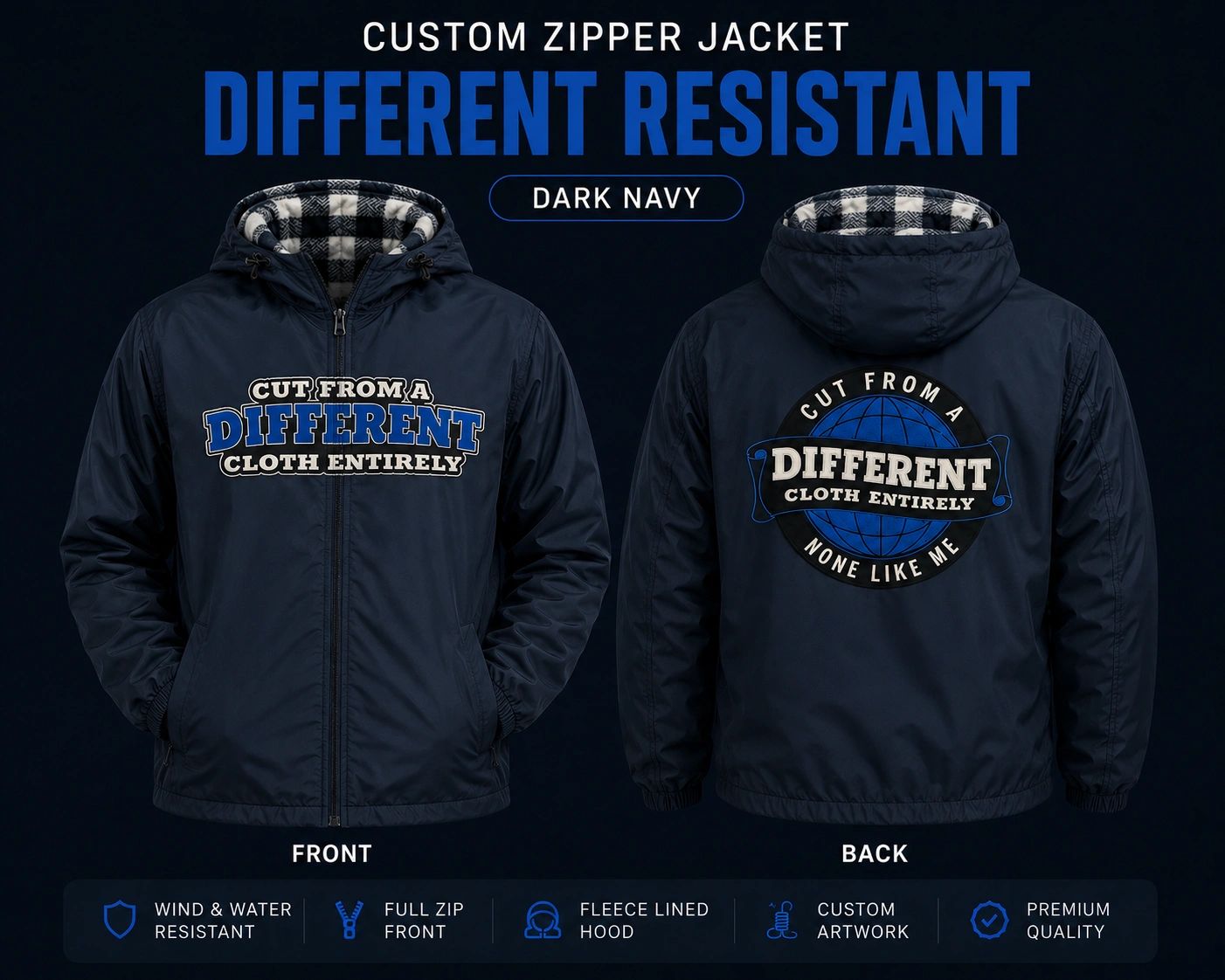 Dark navy custom zipper jacket with fleece-lined hood and resistant fabric.