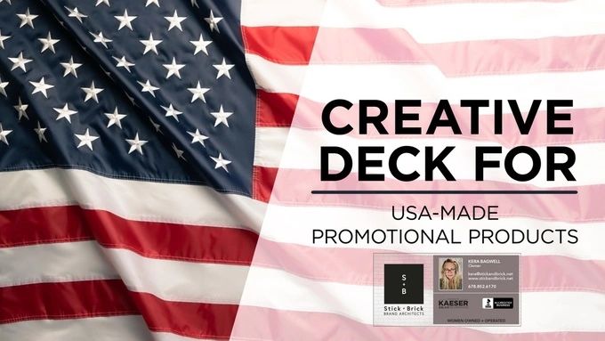 American flag backdrop promoting USA-made creative deck for promotional products.
