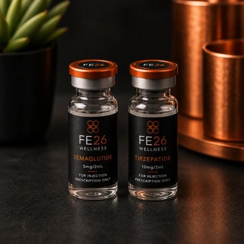 Two FE26 Wellness injection vials labeled Semaglutide and Tirzepatide.