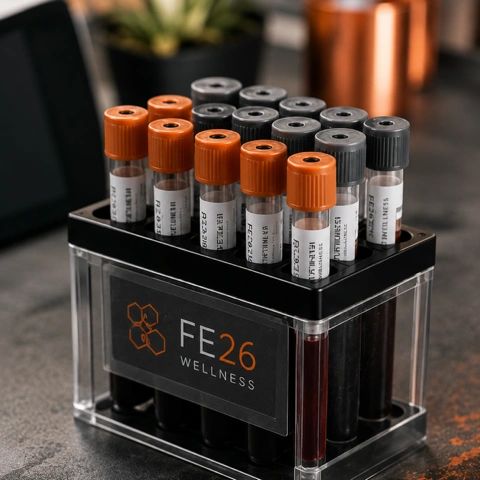 Blood sample tubes with orange and gray caps in a clear holder labeled FE26 Wellness.