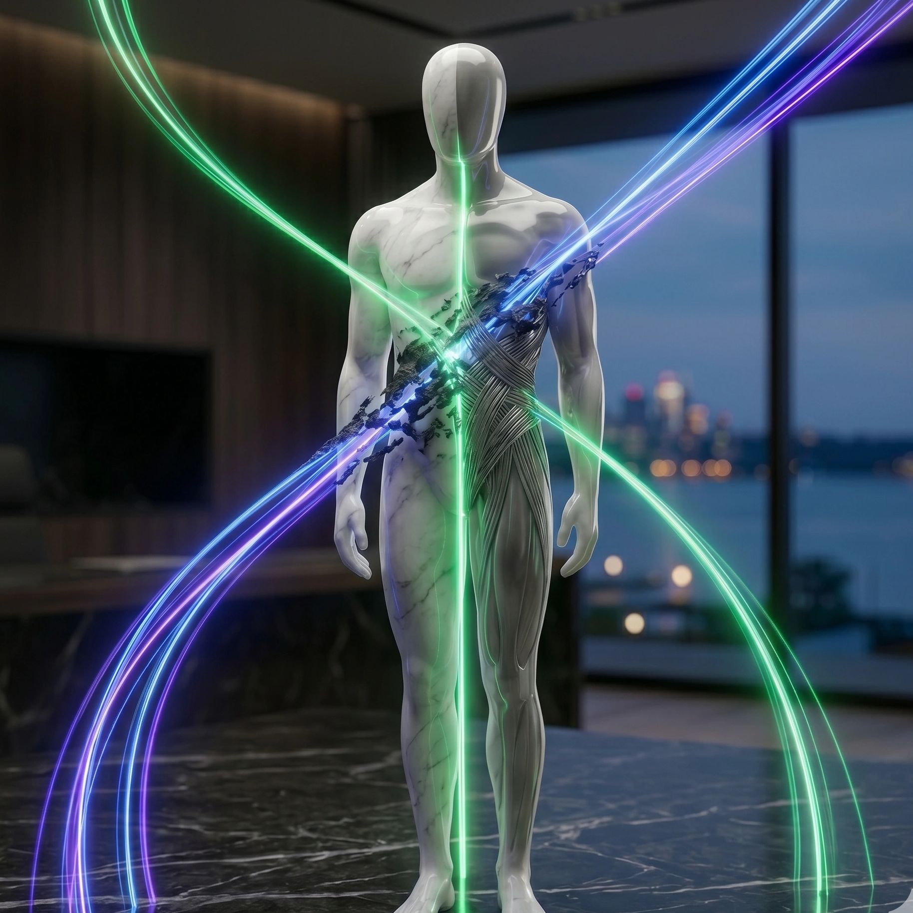 Futuristic marble statue with glowing neon light streams crossing through it.