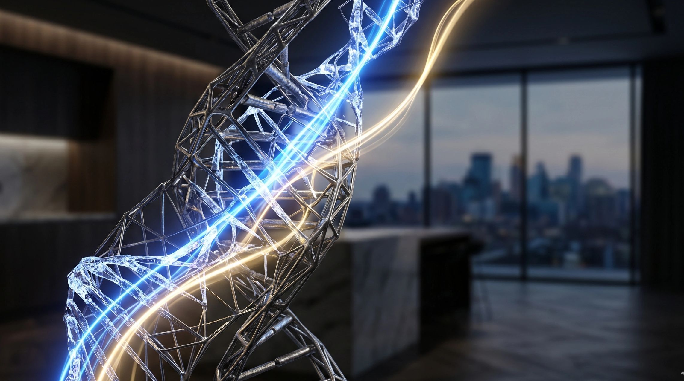 Futuristic metallic DNA helix with glowing blue and gold light strands indoors.