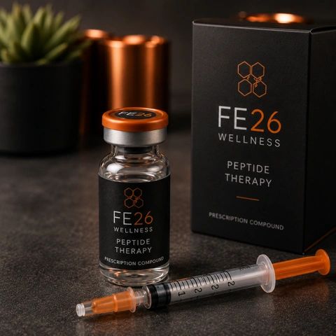 FE26 Wellness peptide therapy vial and syringe on dark surface.