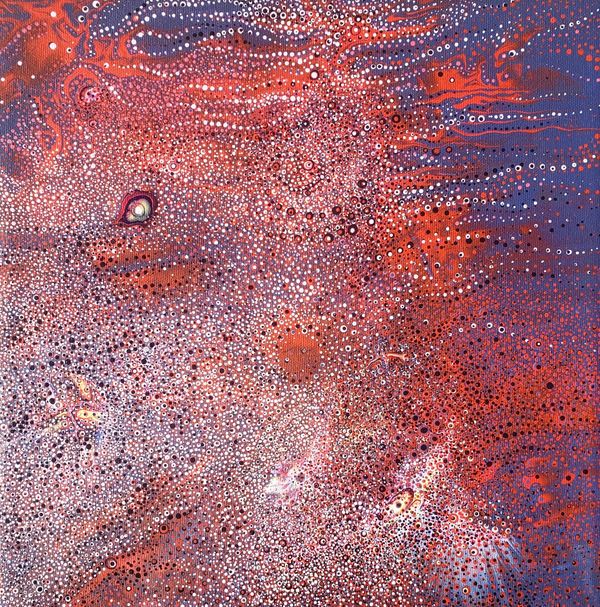 Abstract artwork with red, purple, and white dots forming a textured pattern.