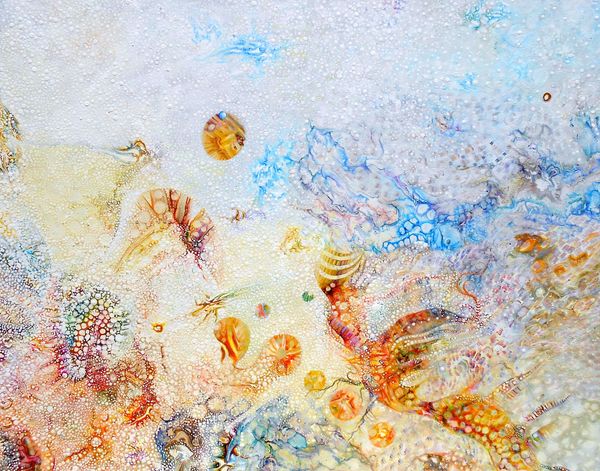 Abstract art with vibrant colors and intricate bubble-like patterns.