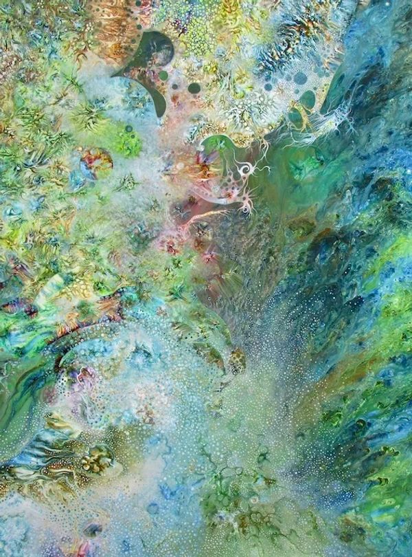 Abstract painting with swirling colors and intricate patterns resembling an underwater scene.