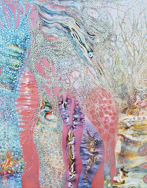 Abstract artwork with vibrant colors and intricate dot patterns.