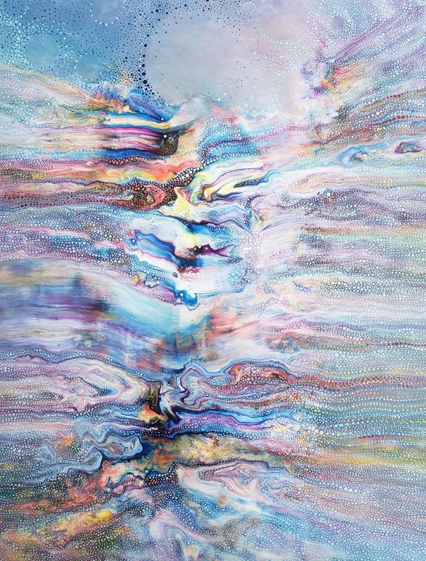 Abstract cosmic painting with swirling colors and dotted patterns.