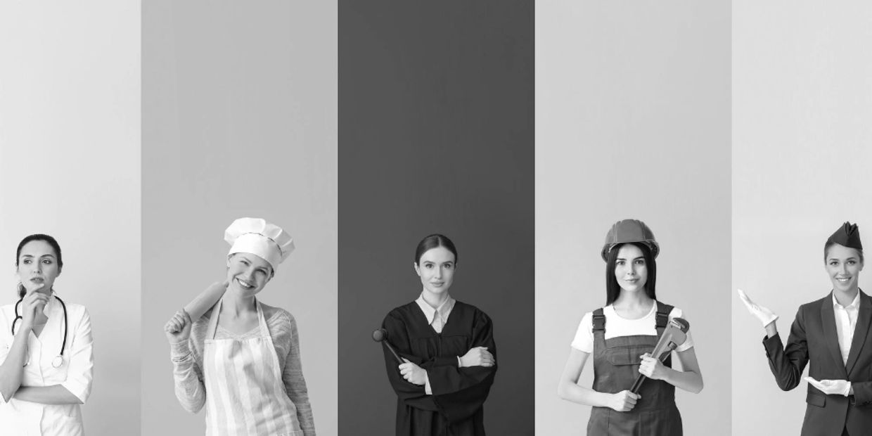 Women representing various professions against colorful backgrounds.