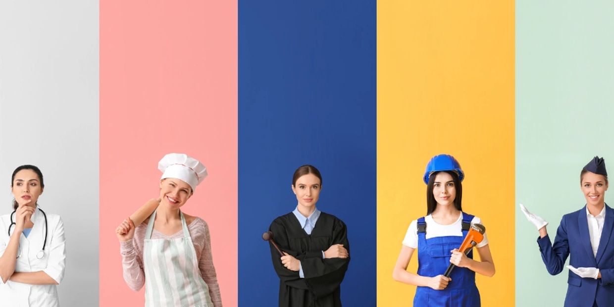 Women representing various professions against colorful backgrounds.